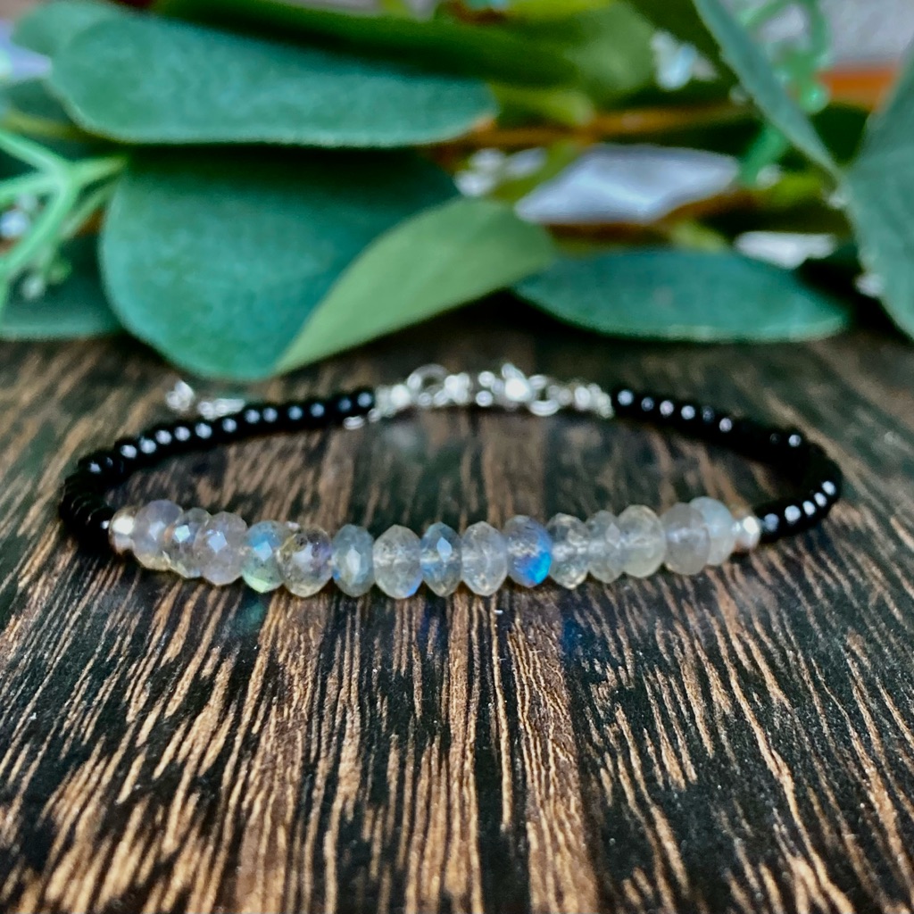 Transformation Labradorite Minimalist Crystal Bead Bracelet Rondelle Black